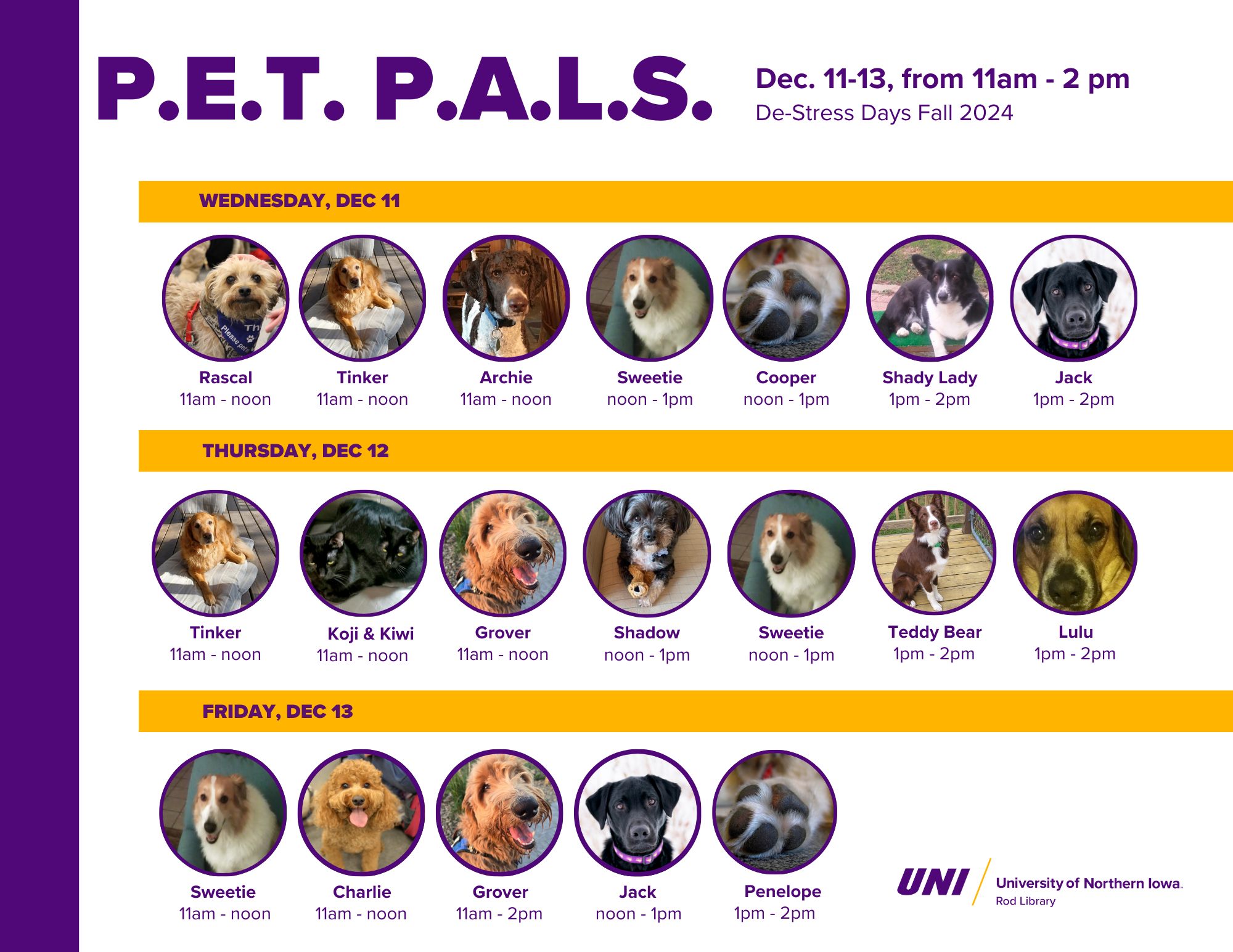 Dec. 11-13, from 11am - 2pm, poster with pictures of visiting PETPALS dog