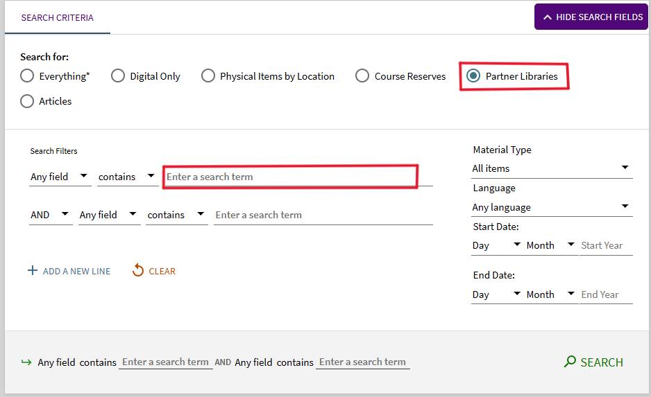 Screenshot of advanced search screen