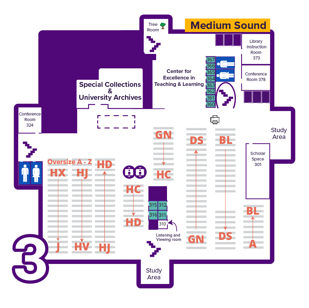 Static map of the Rod Library third floor. Accessible floor description linked above.