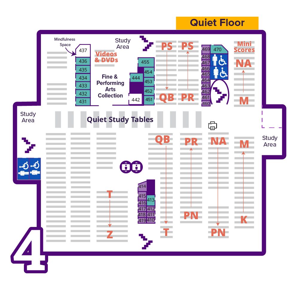 Static map of the Rod Library fourth floor. Accessible floor description linked above.
